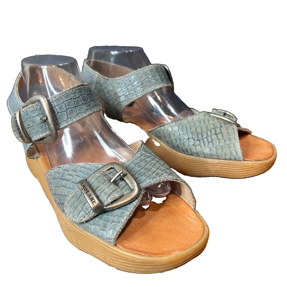 FAMOLARE Vintage 70's Wave Sole Denim Blue Croc Embossed Buckle Wedge Sandal 10